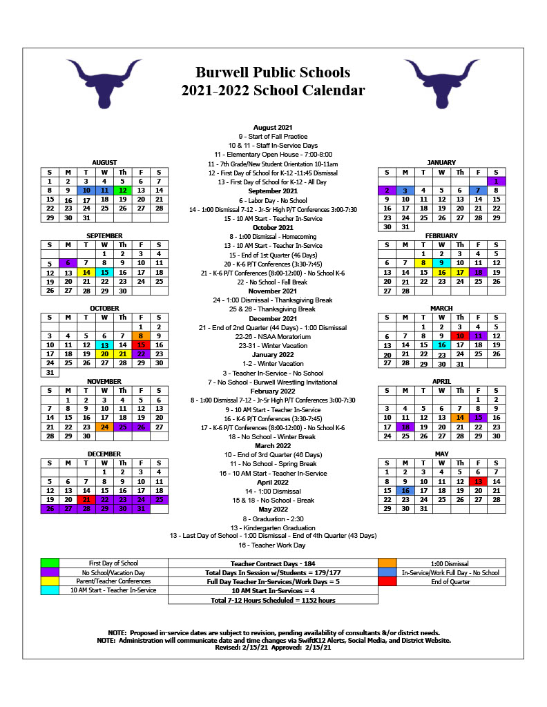 Burwell Public Schools 202122 Calendar Approved at February Board